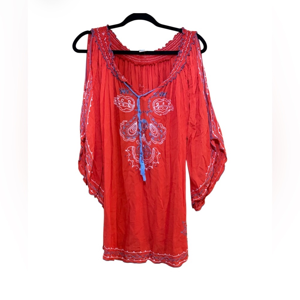 Krista Lee Boho Embroidered Peasant Blouse Medium Red Rayon Tassel Tie
